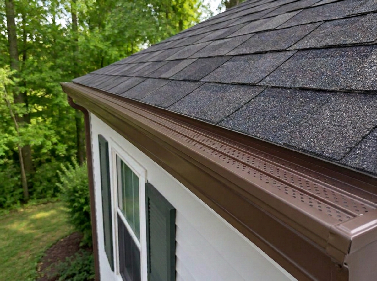 After: the same gutter protected by a Complete perforated metal gutter guard