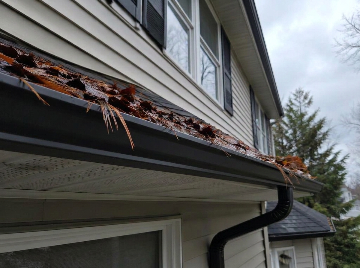 Before: Gutter overflowing with leaves and pine needles
