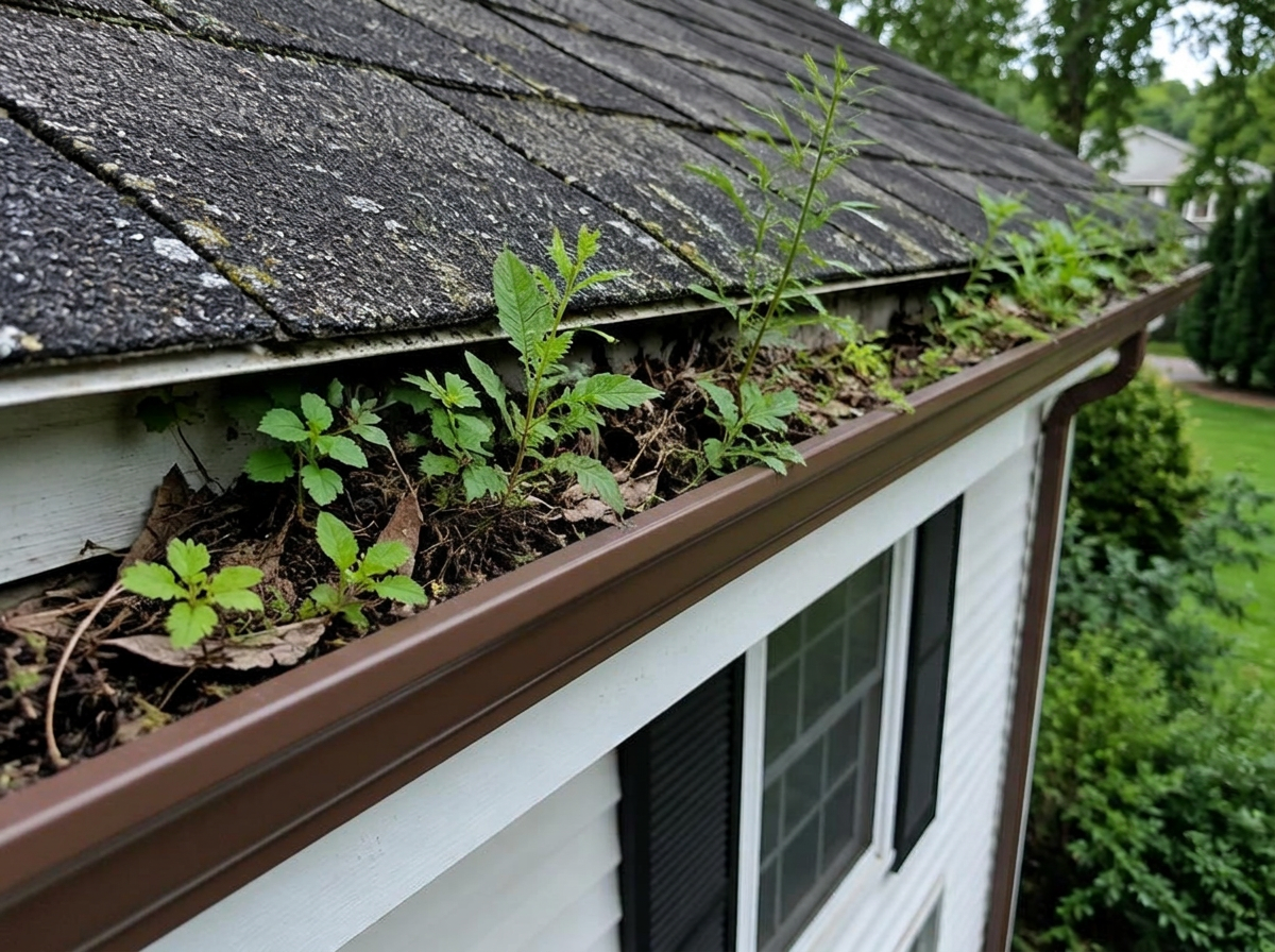 Before: Gutter with weeds growing out of debris
